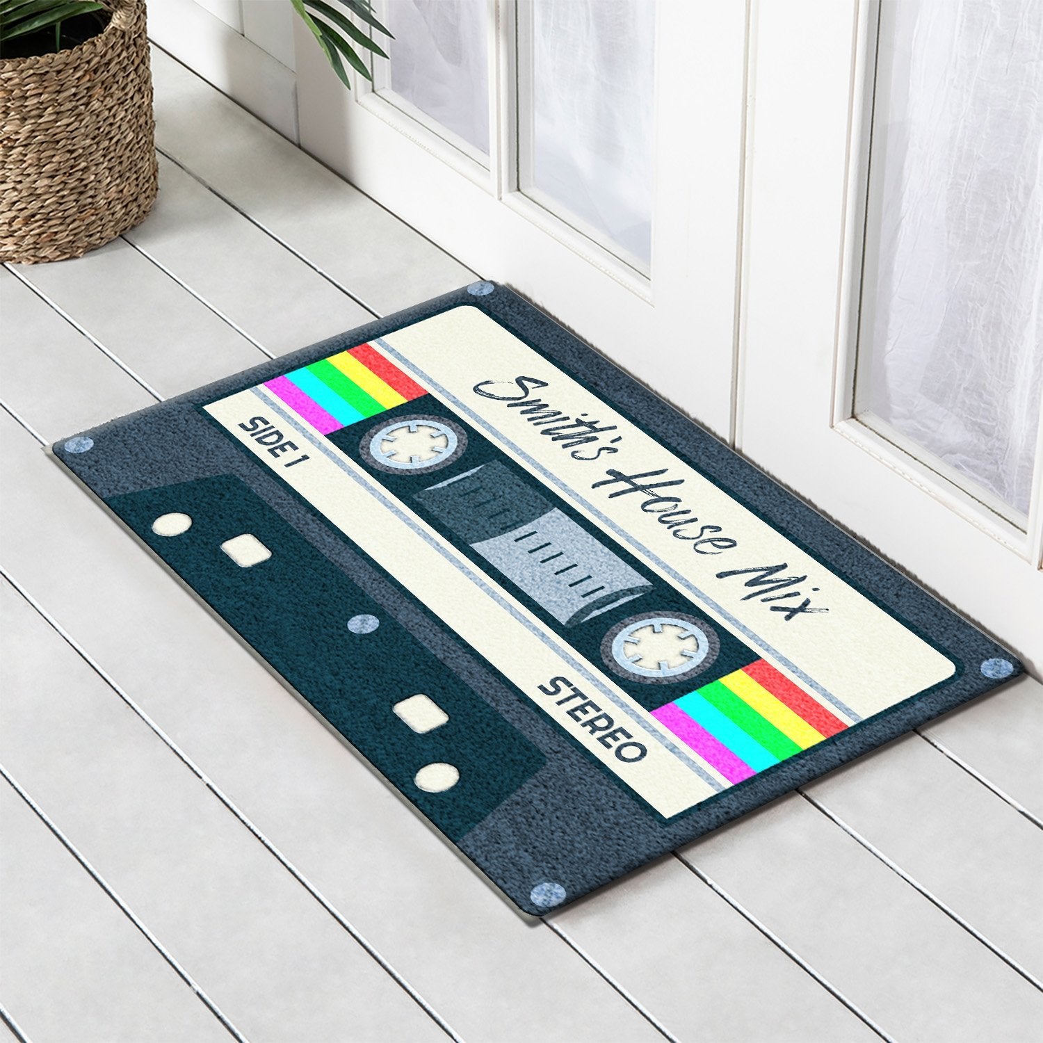 Custom Doormat, Personalized Name, Rainbow Cassette Art