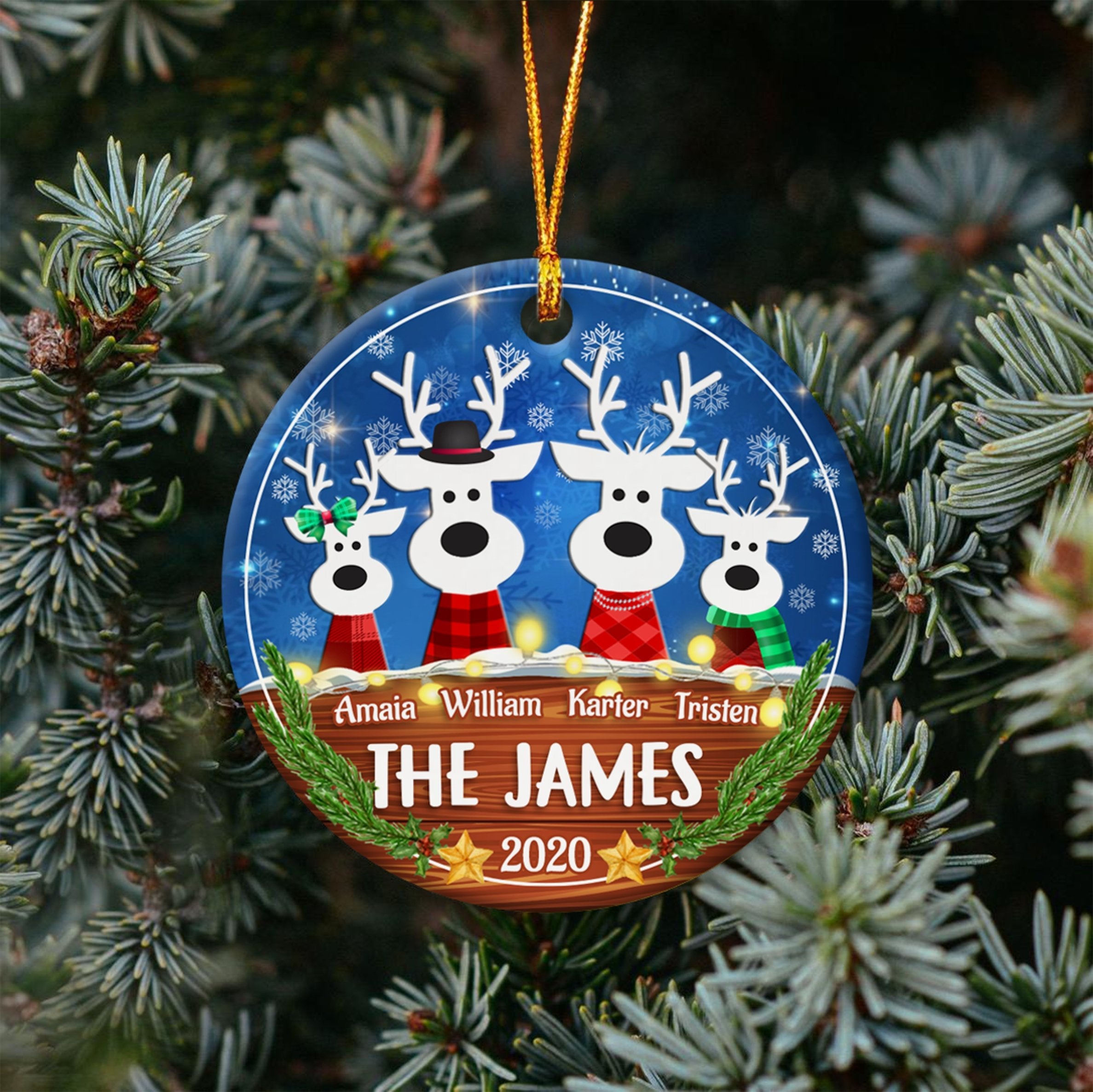 Custom Family Deer Decorative Christmas Circle Ornament 2 Sided