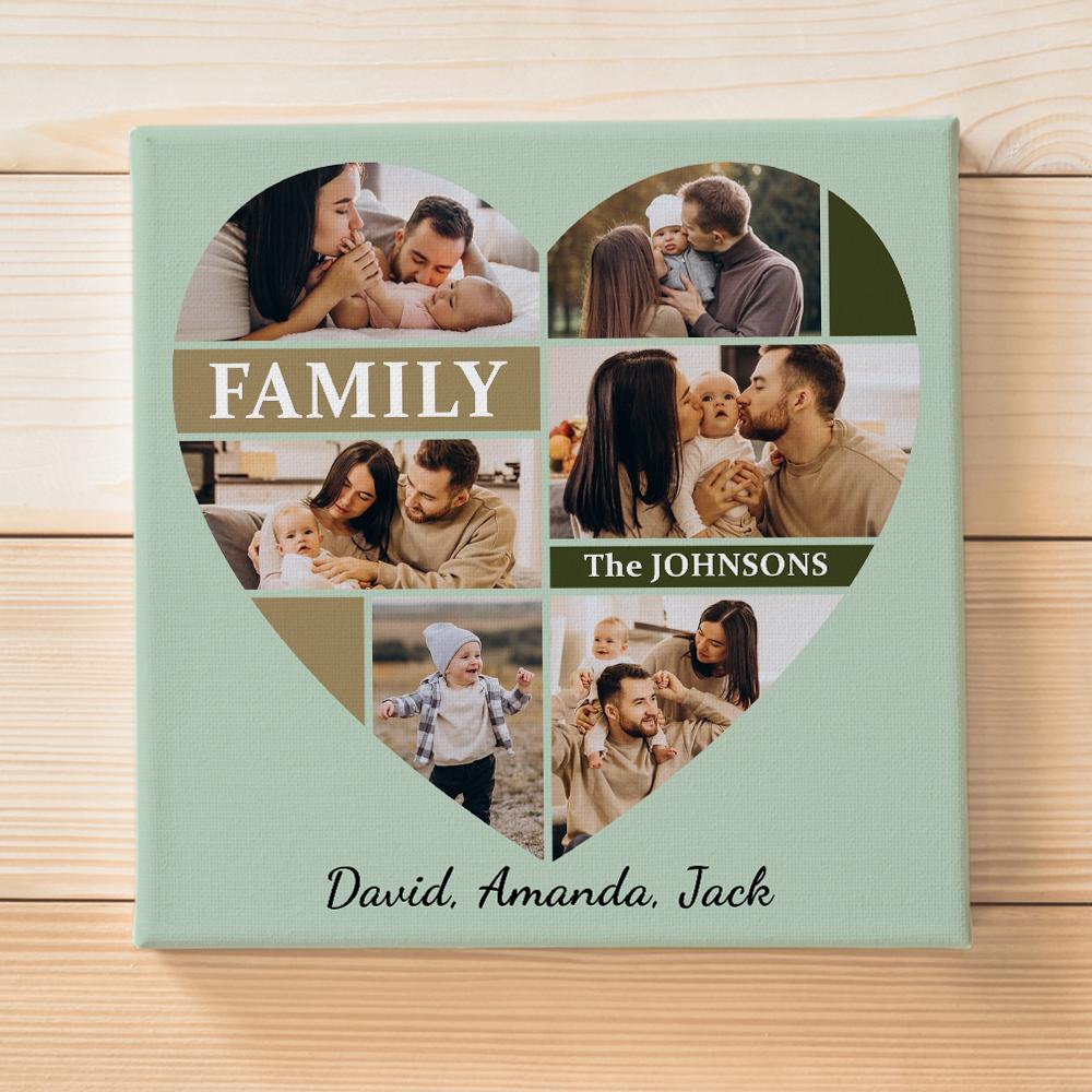 Custom Family Photo Collage, Heart Shape, Personalized Text Canvas Wall Art