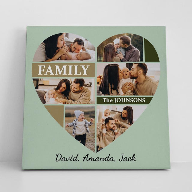 Custom Family Photo Collage, Heart Shape, Personalized Text Canvas Wall Art