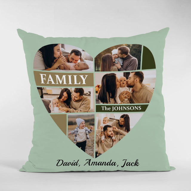 Custom Family Photo Collage, Heart Shape, Personalized Text Pillow