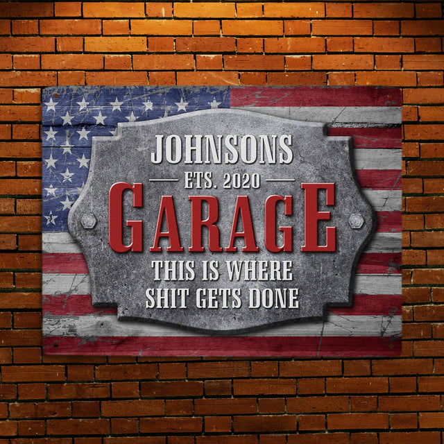 Custom Garage Sign, Personalized Name And Years, American Flag