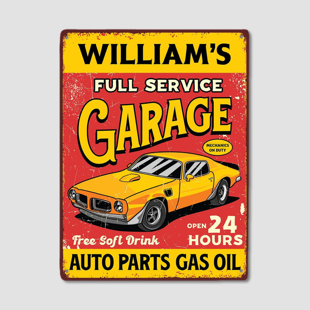 Custom Garage Signs, Personalized Name, Full Service, Open 24 Hours