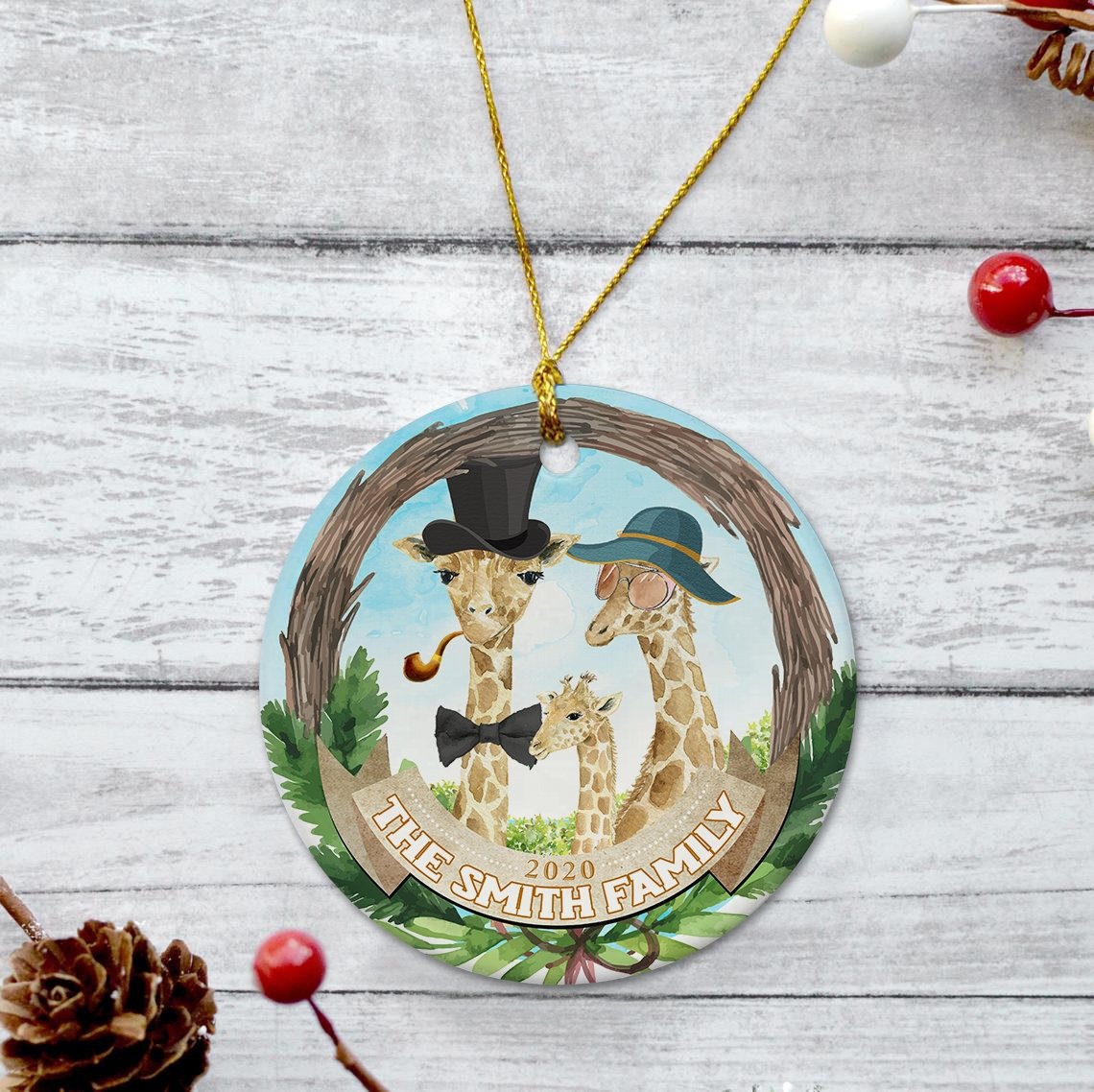 Custom Giraffe Family Decorative Christmas Circle Ornament 2 Sided