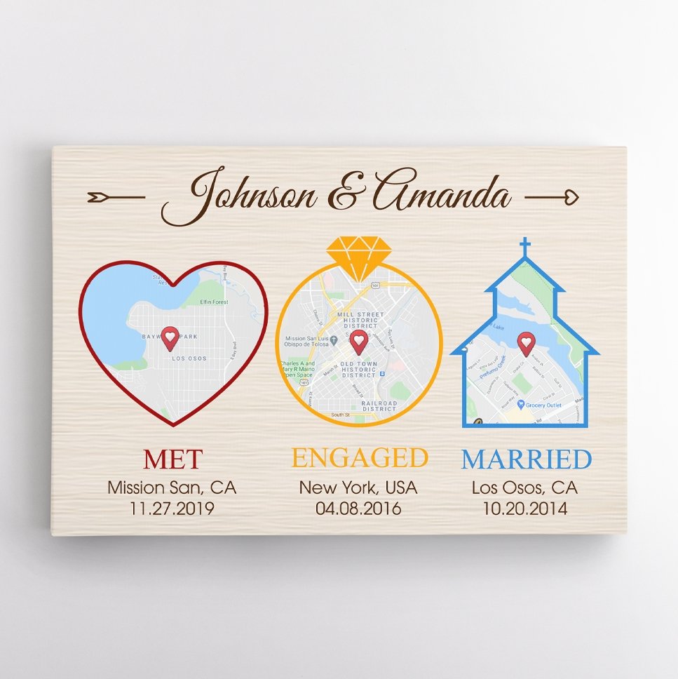 Custom Map And Text, Met Engaged Married Light Wood Background Canvas