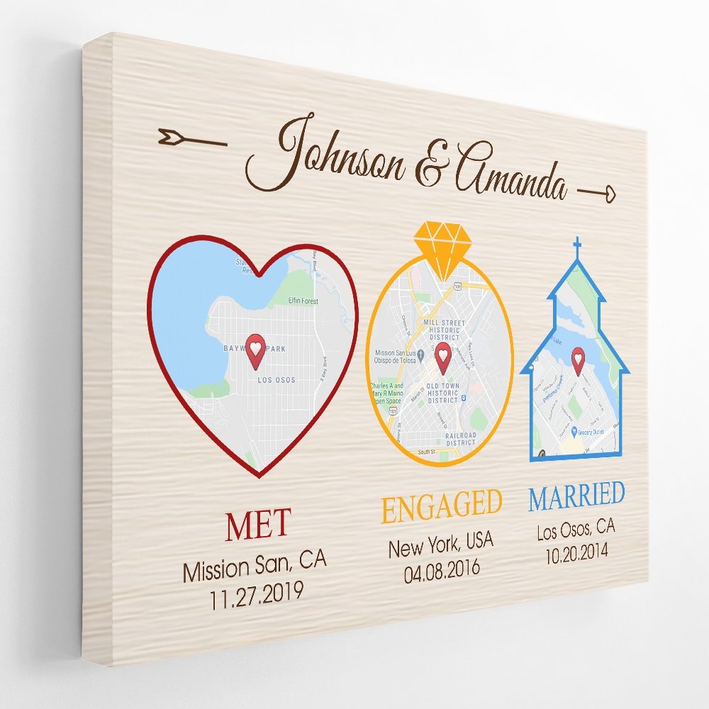 Custom Map And Text, Met Engaged Married Light Wood Background Canvas