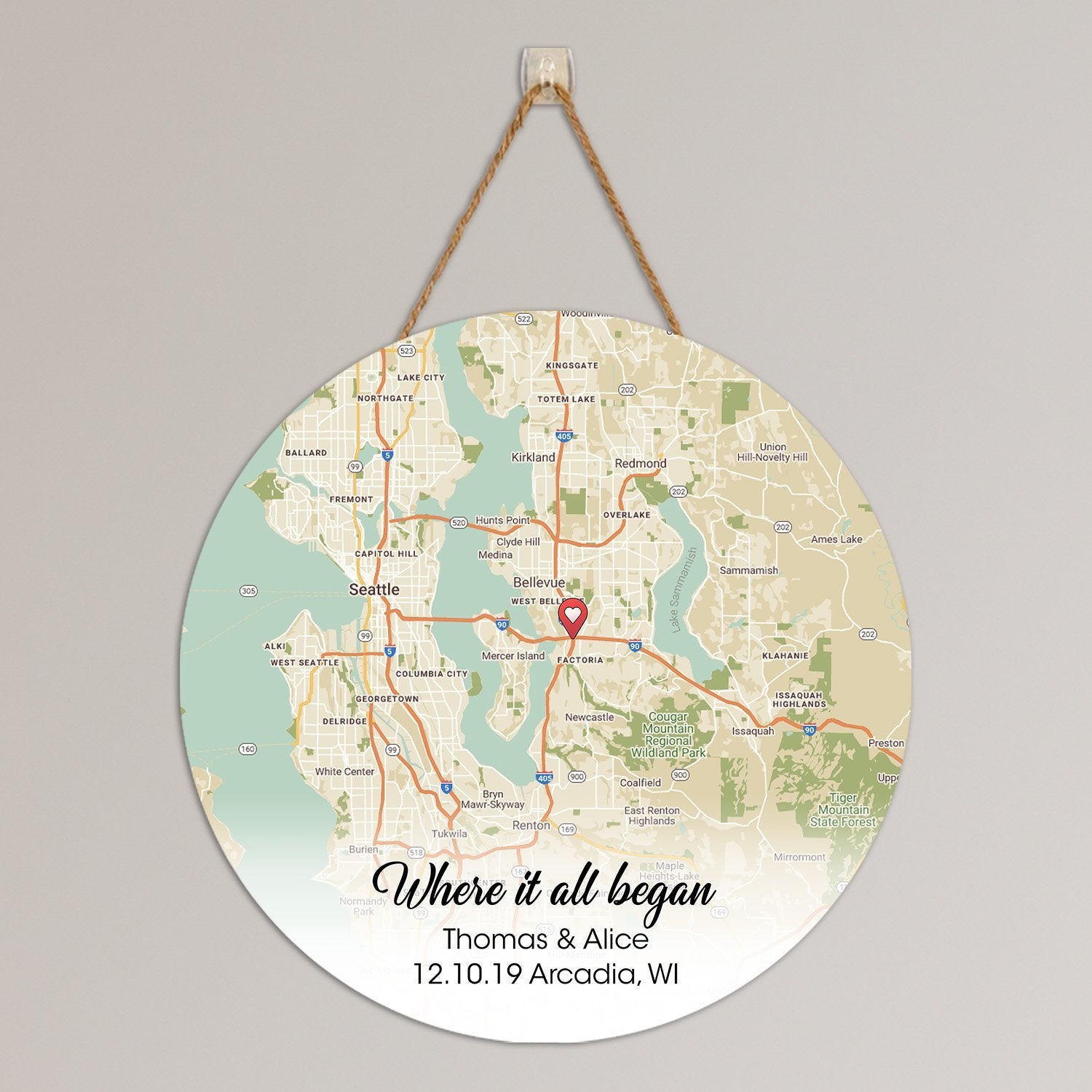 Custom Map By Location, Personalized Text, Round Wood Sign