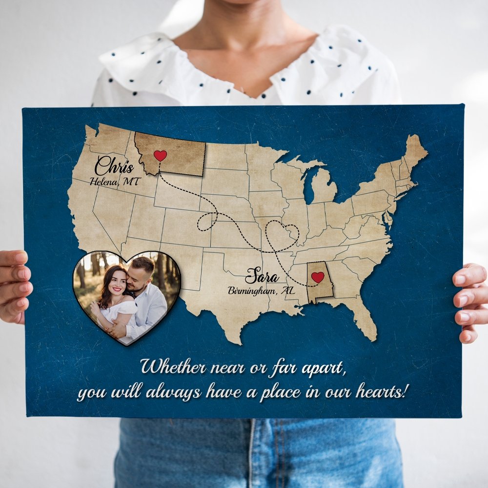 Custom US Map Long Distance Canvas Print | Personal Gift For Couples