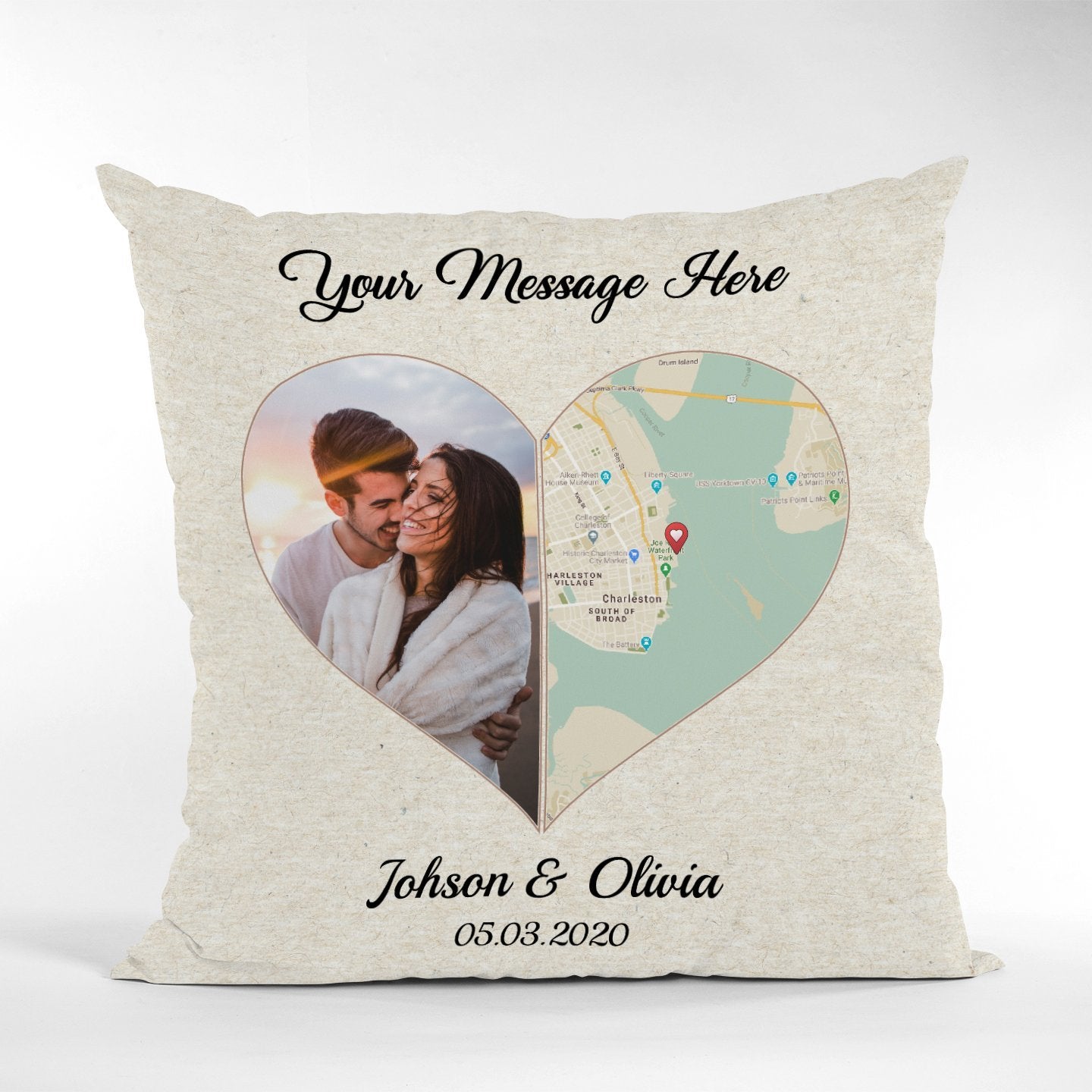 Custom Map Print And Photo 2 In 1 Heart Art, Personalized Text Pillow