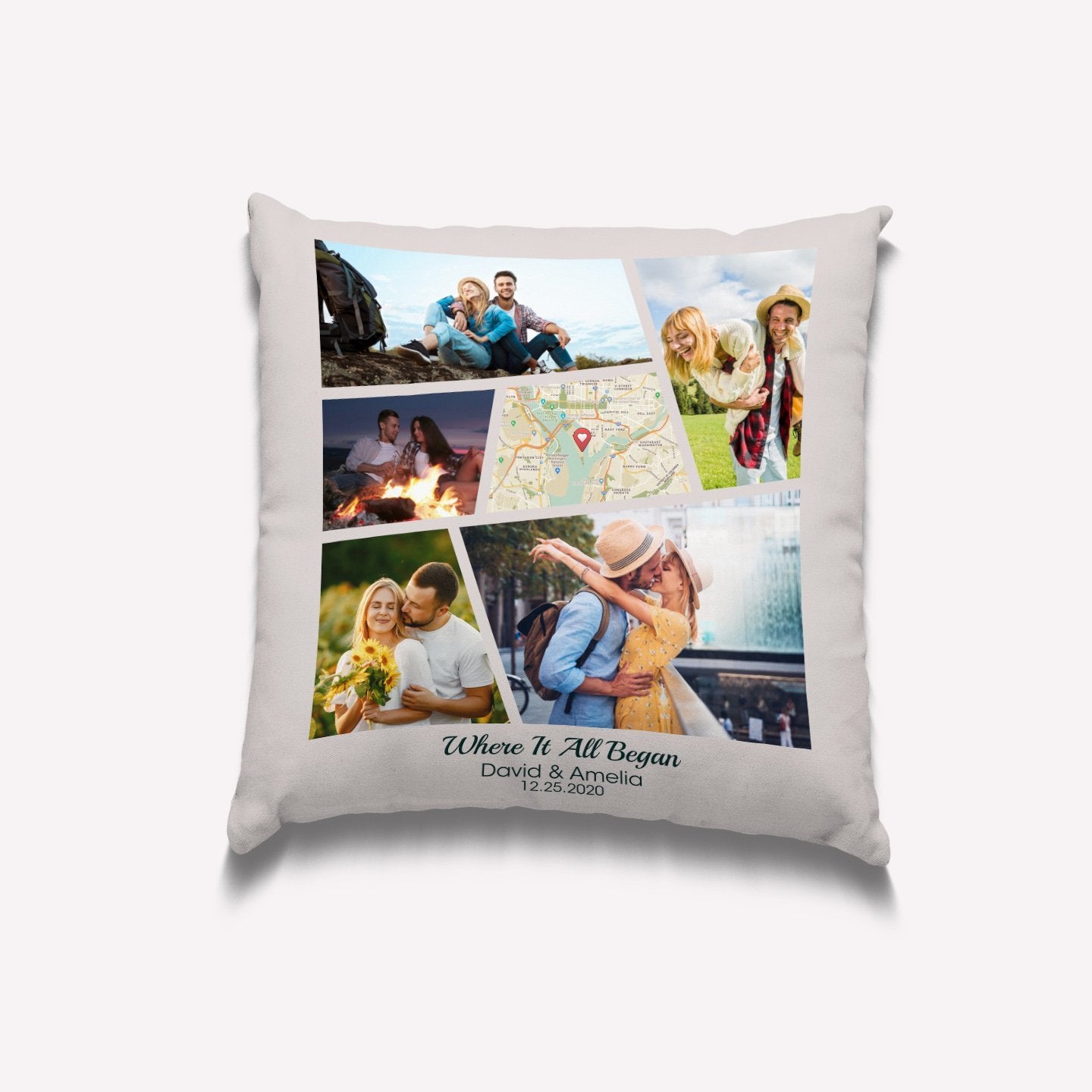 Custom Map Print And Photo Collage 2 In 1, 5 Pictures Pillow