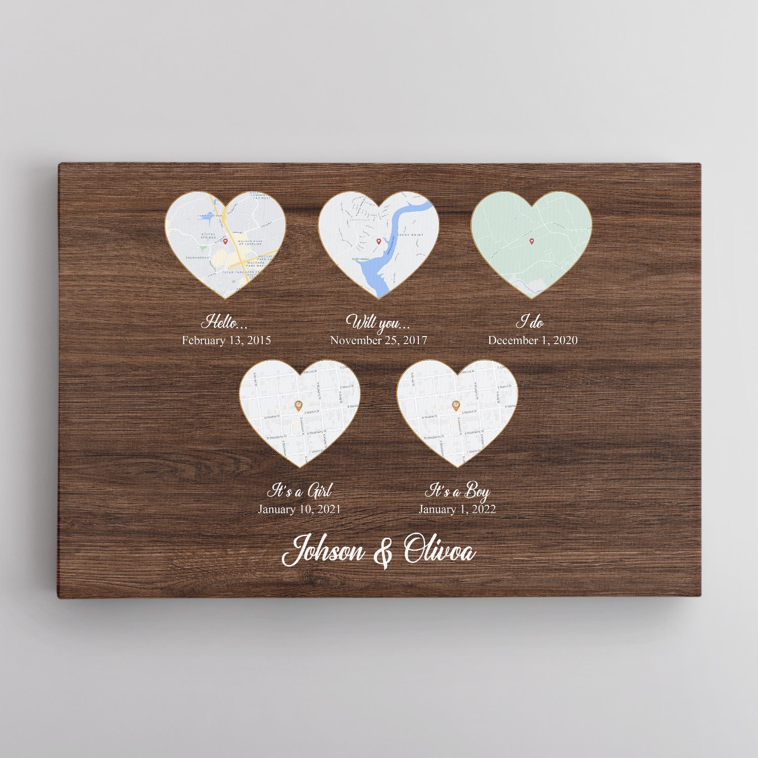 Custom Map Print And Text, 5 Heart Shape, Wood Background Canvas