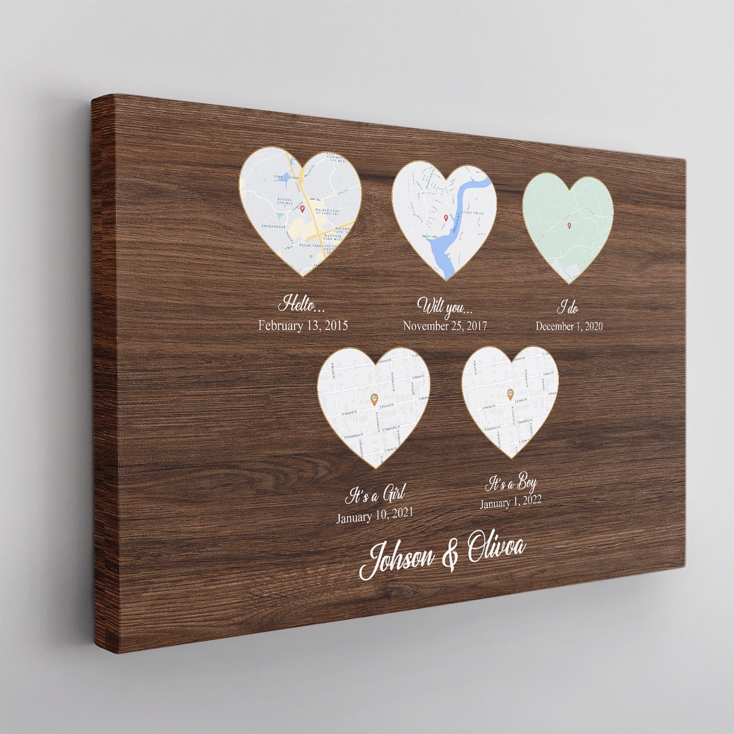 Custom Map Print And Text, 5 Heart Shape, Wood Background Canvas