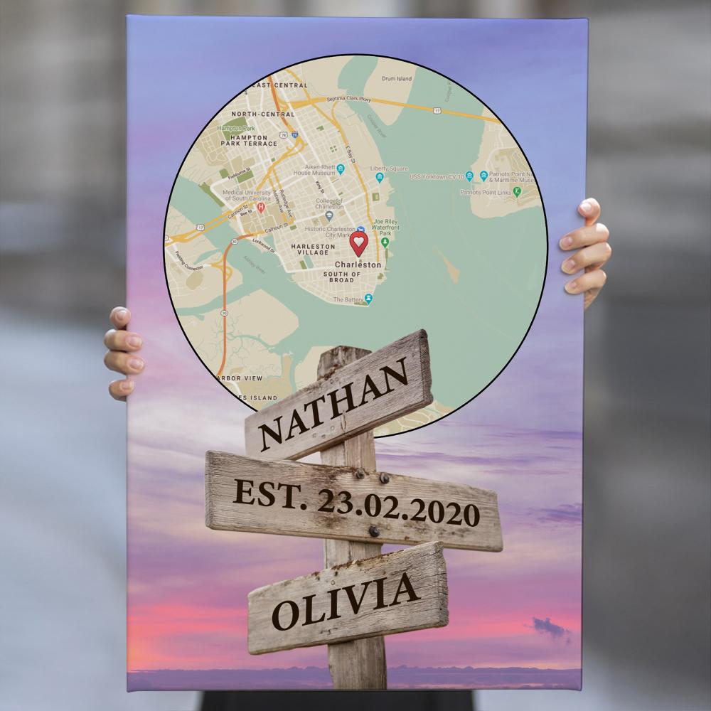 Custom Map Print And Text Street Sign Sunset Background Canvas
