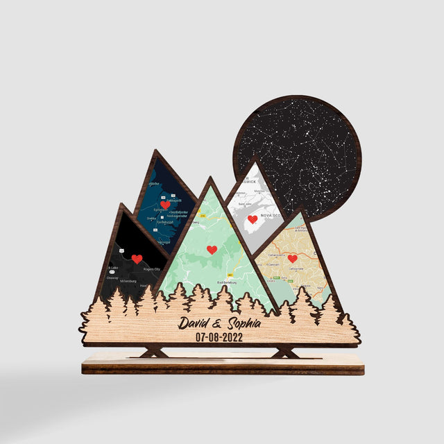 Custom Map Print By Location And Night Sky, Mountain Shape, Wooden Plaque 3 Layers