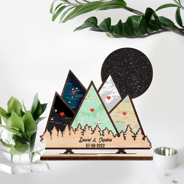 Custom Map Print By Location And Night Sky, Mountain Shape, Wooden Plaque 3 Layers