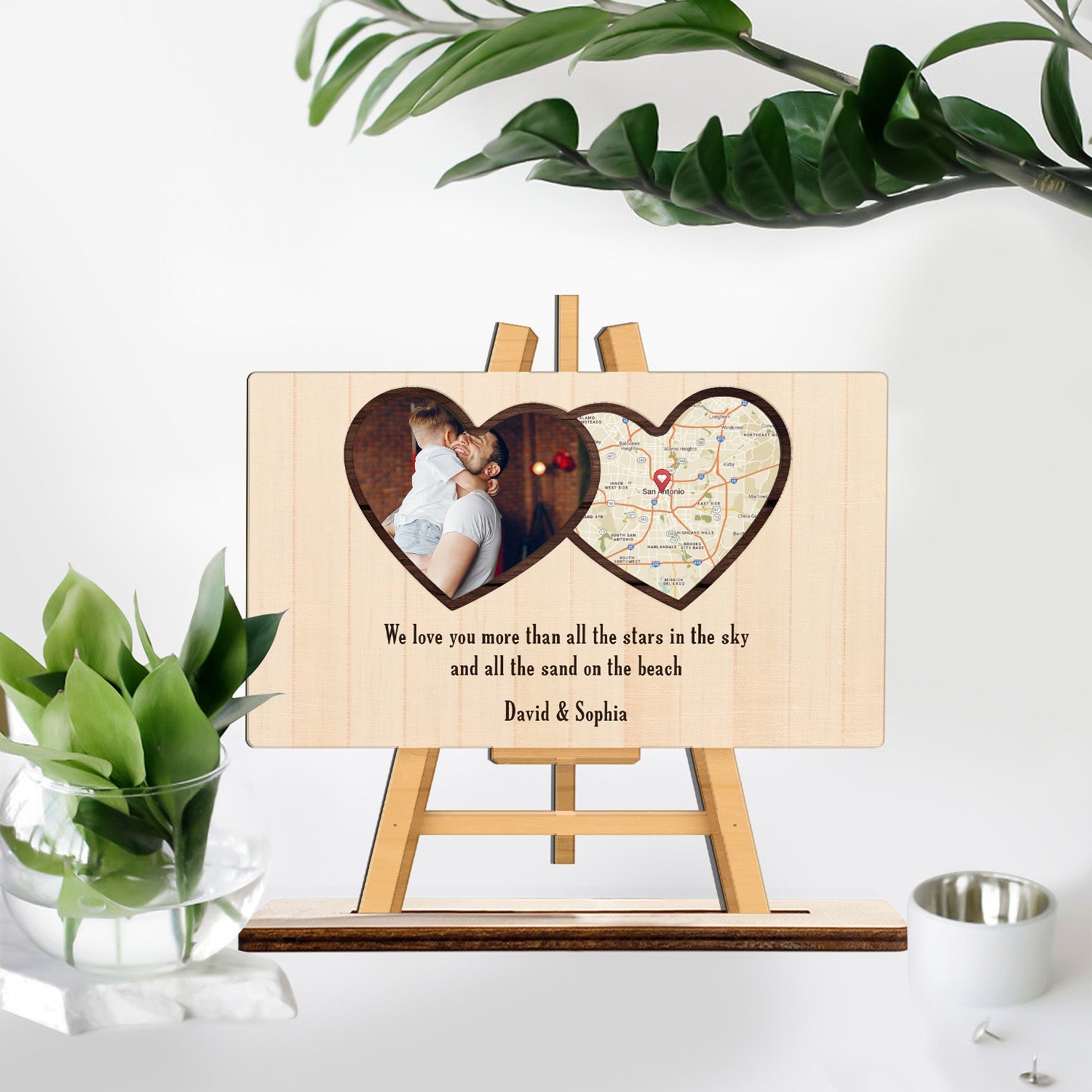 Custom Map Print By Location And Photo, Wooden Plaque 3 Layers, Heart Shape