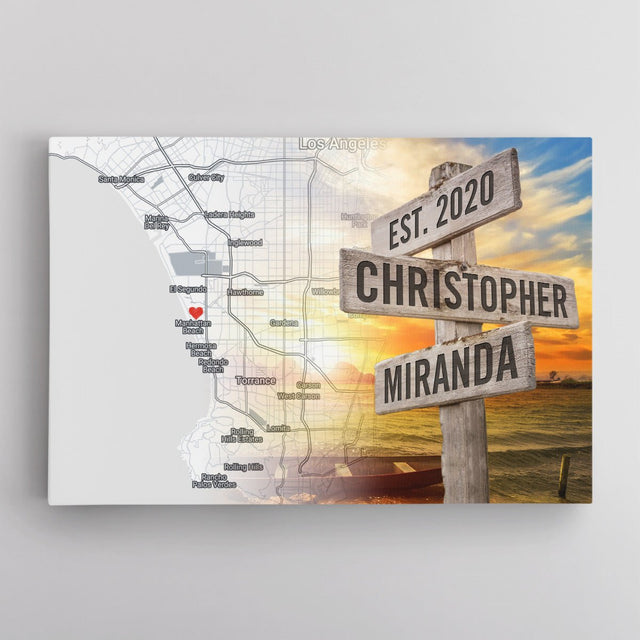 Custom Map Print By Location, Personalized Name And Date, Street Sign, Canvas Wall Art