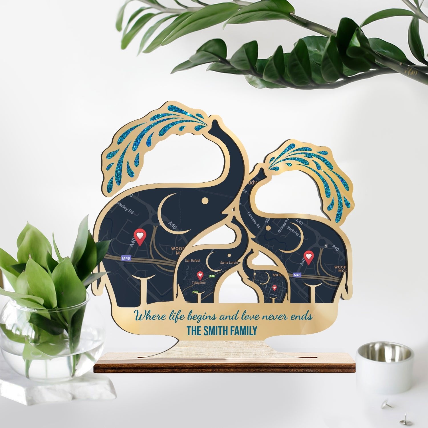 Custom Map Print By Location, Personalized Name And Text, Elephant Family, Wooden Plaque 3 Layers