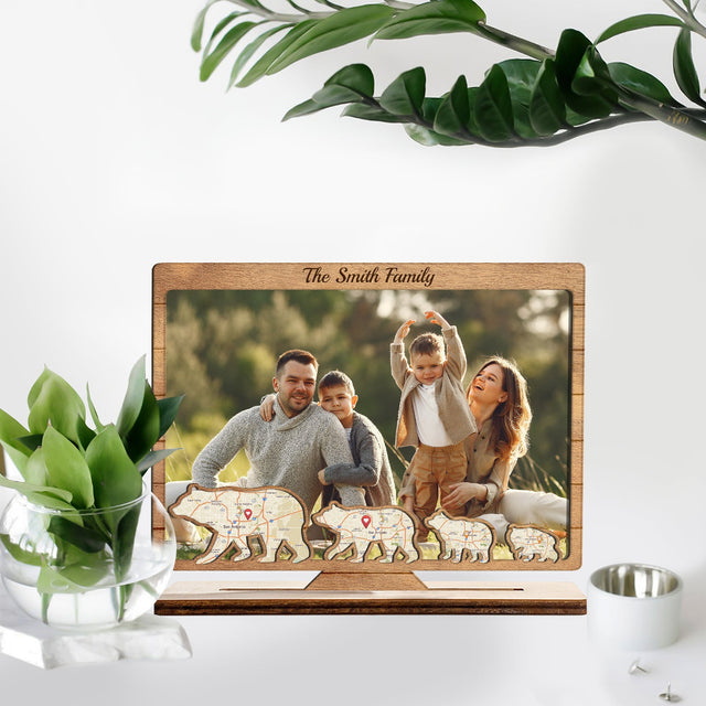 Custom Map Print By Location, Personalized Photo And Family Name, Family Bears, Wooden Plaque 3 Layers