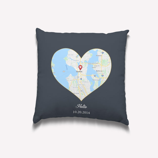 Custom Map Print Heart Art Navy Background Pillow