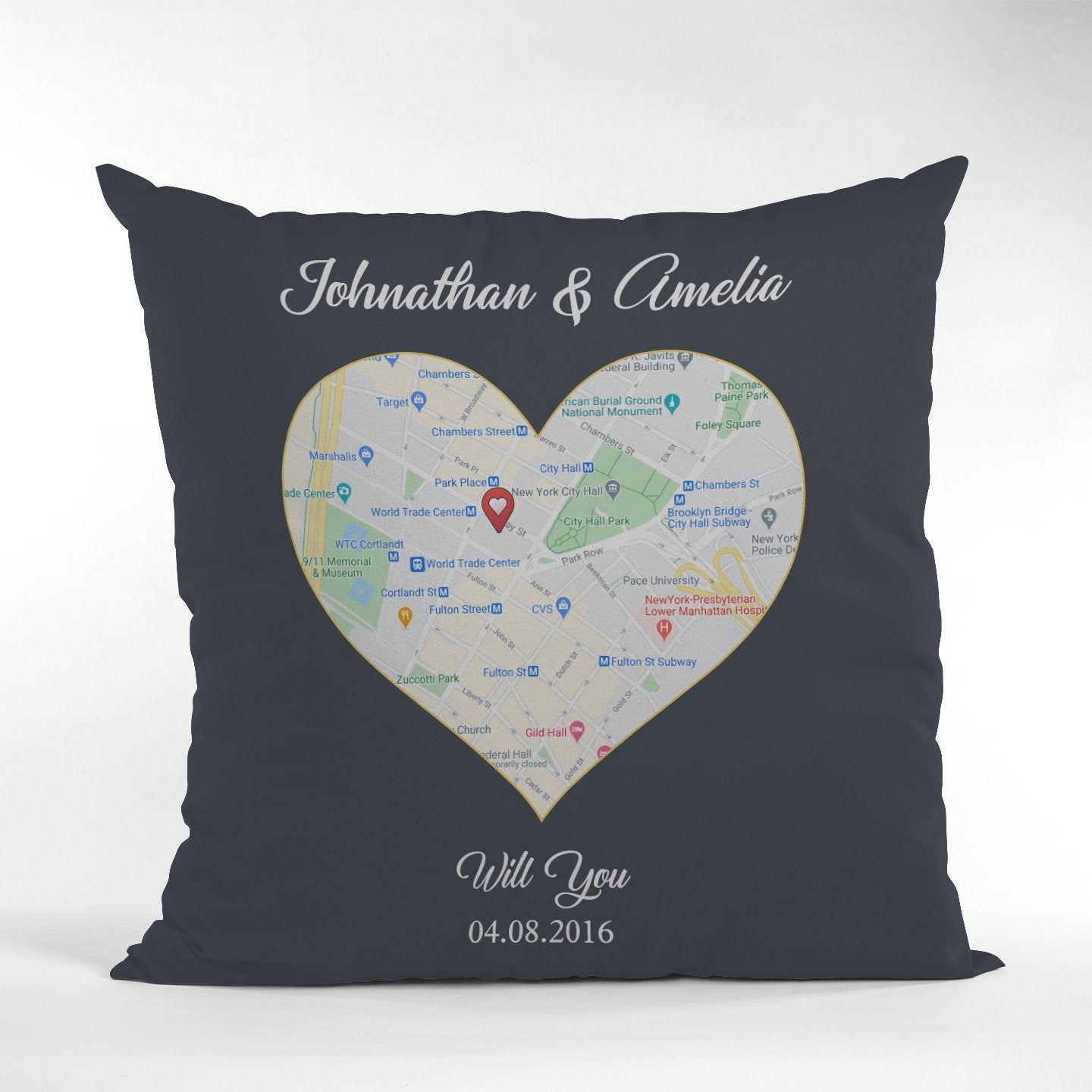Custom Map Print Heart Art Navy Background Pillow