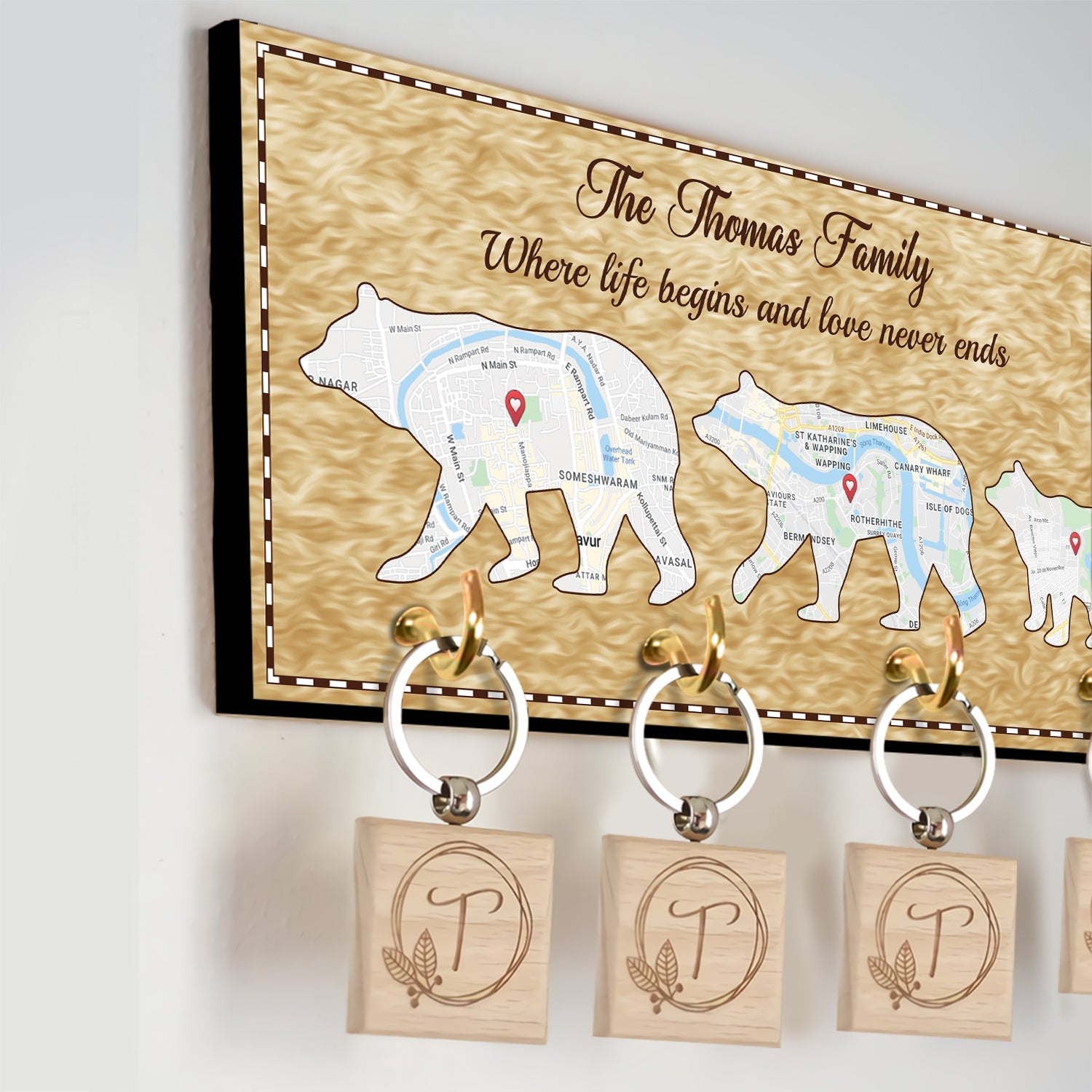 Custom Map Print, Personalized Map Print And Name, Family Bear, Key Hook