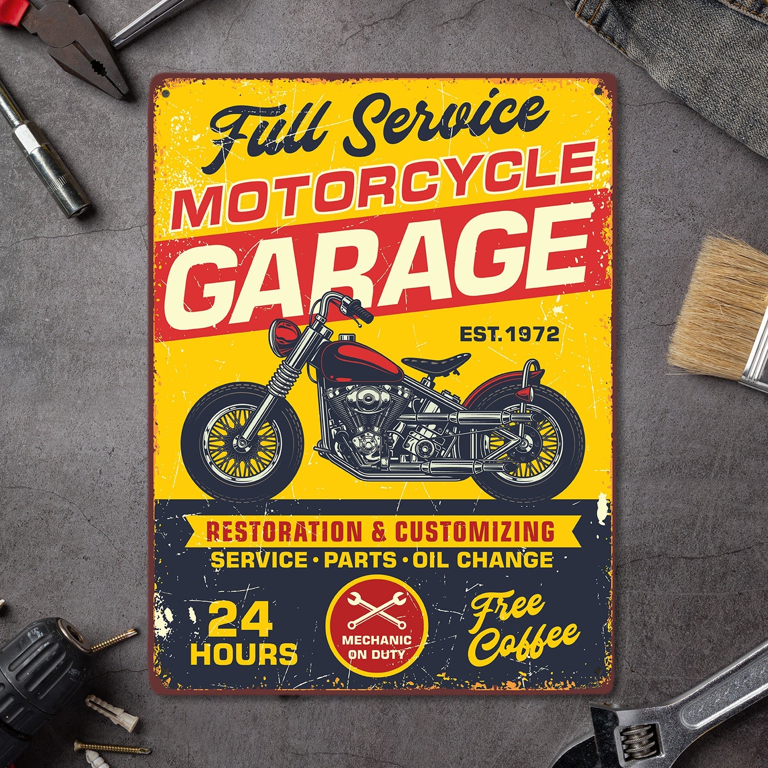 Custom Motorcycle Garage Signs, Personalized Years, Metal Signs