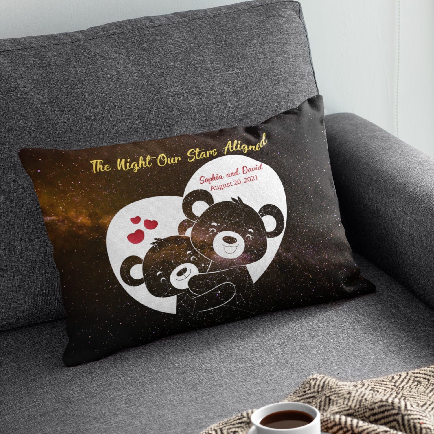 Custom Night Sky By Date And Location, Personalized Text, Black Bear, Pillow