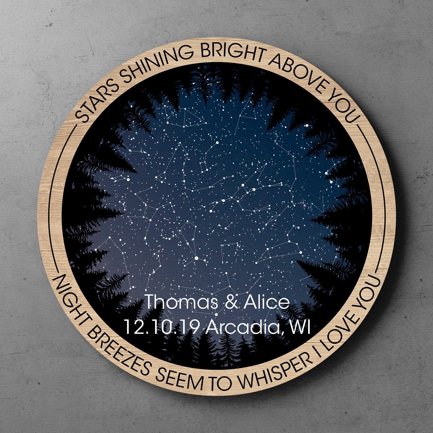 Custom Night Sky By Date And Location, Personalized Text, Round Wood Sign