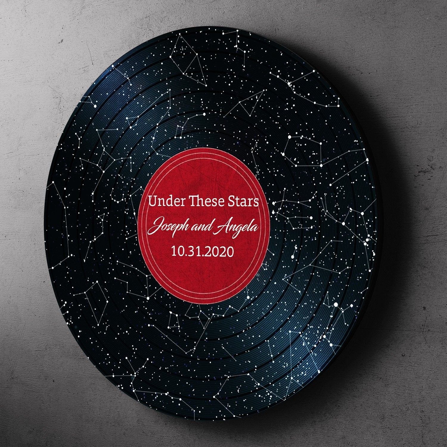 Custom Night Sky By Date And Location, Personalized Text, Vinyl Record, Round Wood Sign