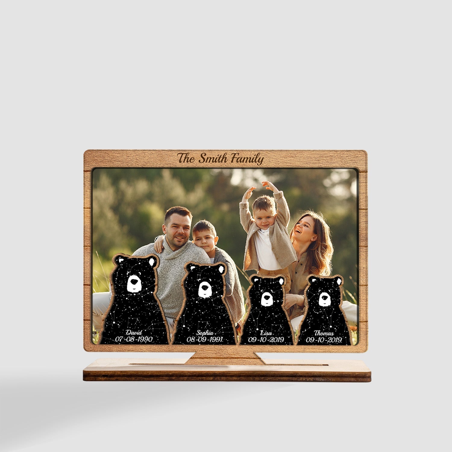 Custom Night Sky By Location And Date, Personalized Photo And Family Name, Family Bears, Wooden Plaque 3 Layers