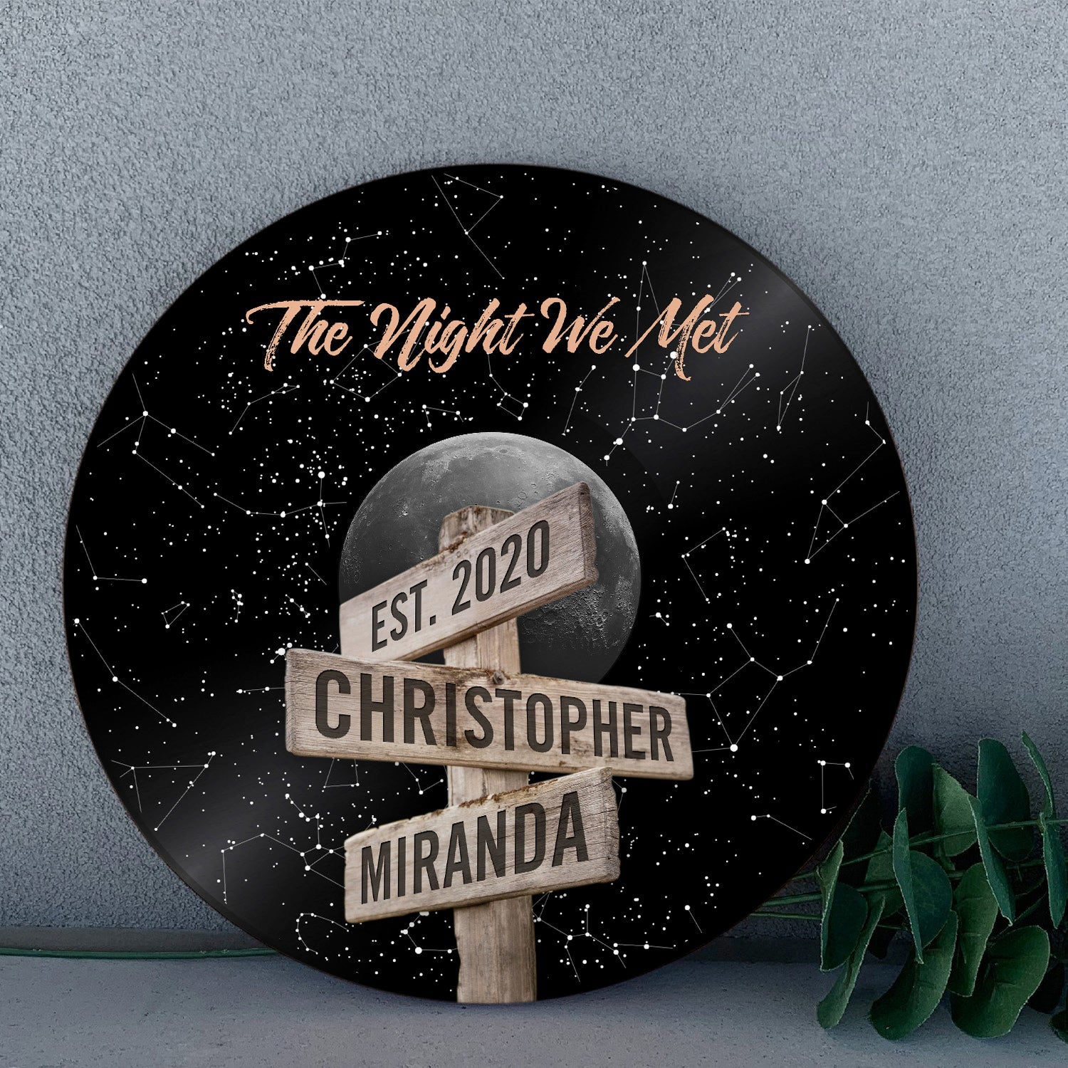 Custom Night Sky By Location, Personalized Name And Date, Round Wood Sign