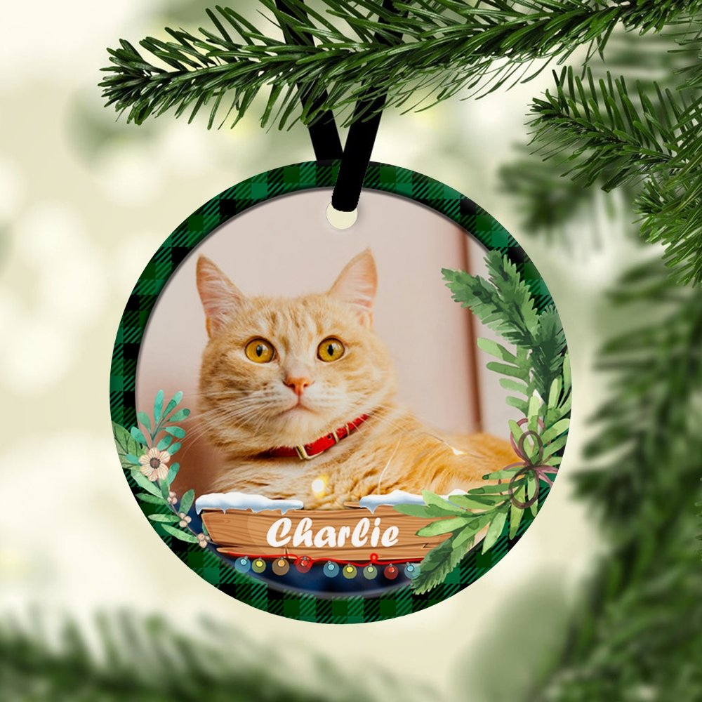 Custom Photo And Cat Name Christmas Tree Decorative Christmas Circle Ornament 2 Sided