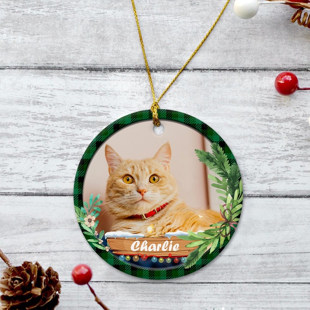Custom Photo And Cat Name Christmas Tree Decorative Christmas Circle Ornament 2 Sided