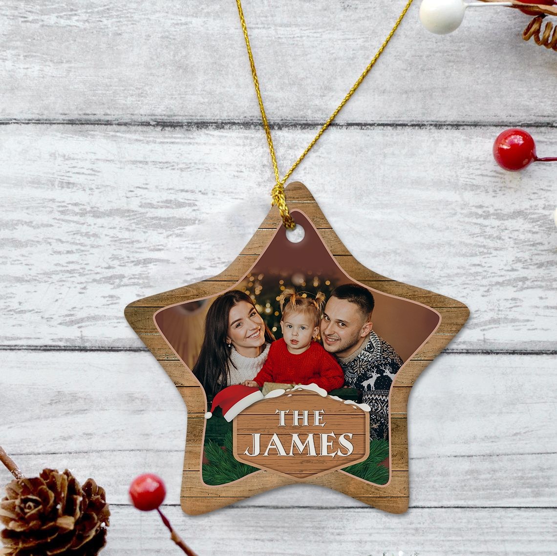 Custom Photo And Family Name Decorative Christmas Star Ornament 2 Sided