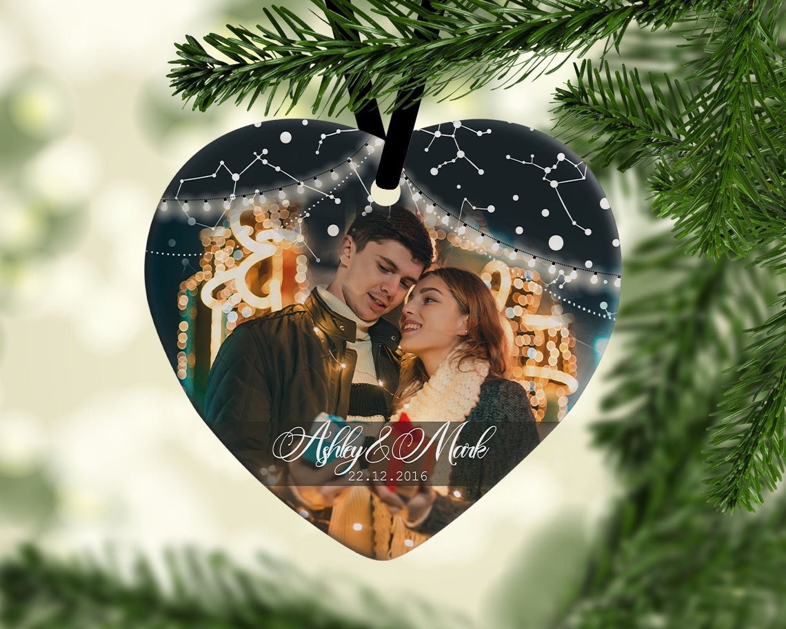 Custom Photo And Text For Couple Decorative Christmas Heart Ornament 2 Sided