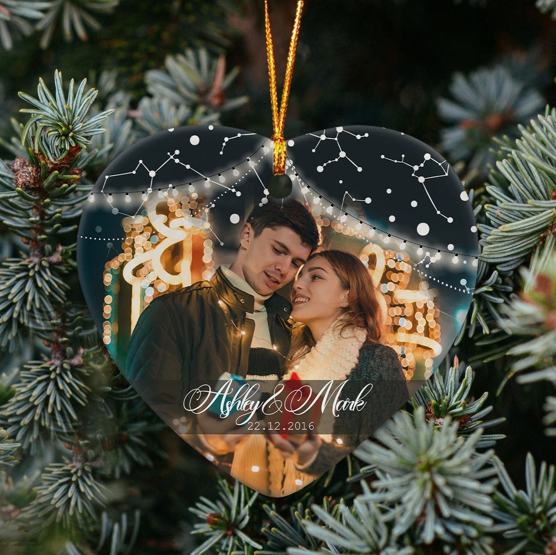 Custom Photo And Text For Couple Decorative Christmas Heart Ornament 2 Sided