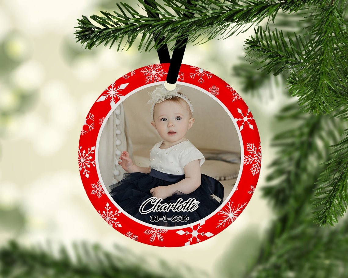 Custom Photo And Text Red Background Decorative Christmas Circle Ornament 2 Sided