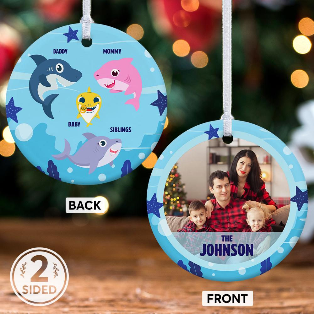 Custom Photo And Text Shark Family Decorative Christmas Circle Ornament 2 Sided