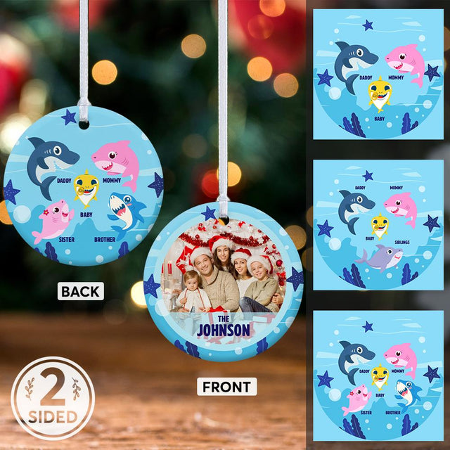 Custom Photo And Text Shark Family Decorative Christmas Circle Ornament 2 Sided