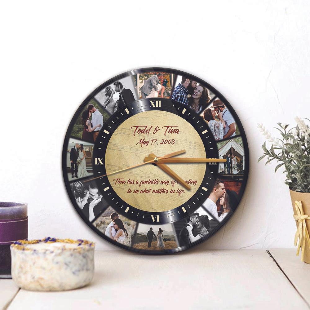 Custom Photo Collage, 12 Photos, Personalized Name And Text, Wall Clock