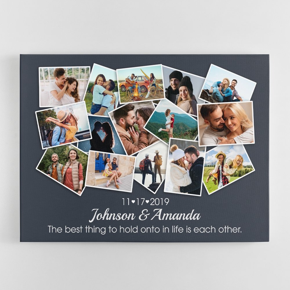 Custom Photo Collage And Text 15 Pictures Navy Background Canvas