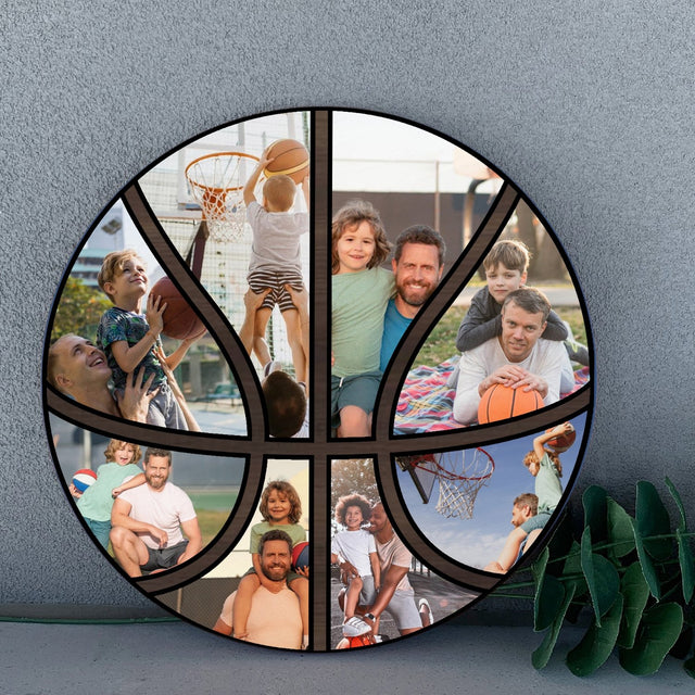 Custom Photo Collage, Basketball Shape, Round Wood Sign