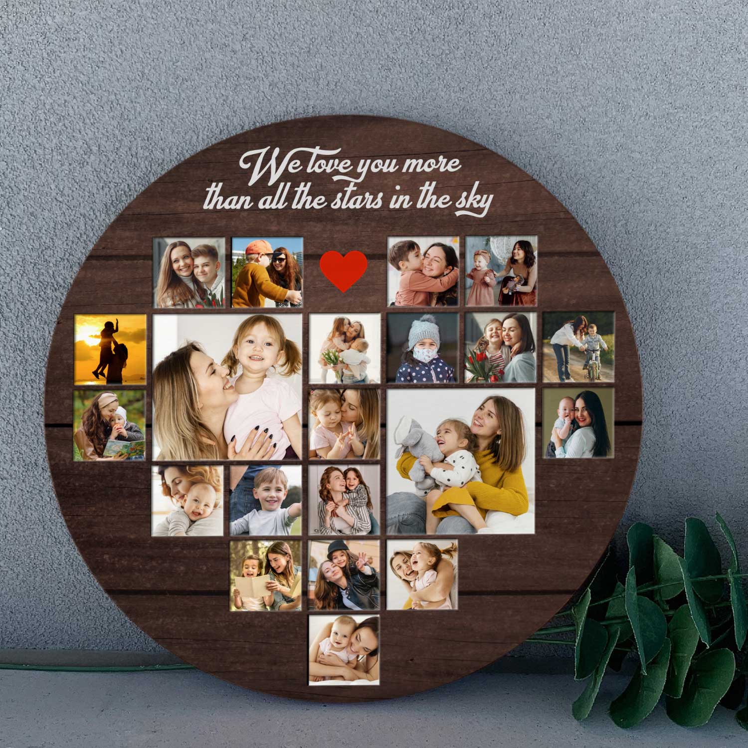 Custom Photo Collage, Heart Shape, Round Wood Sign