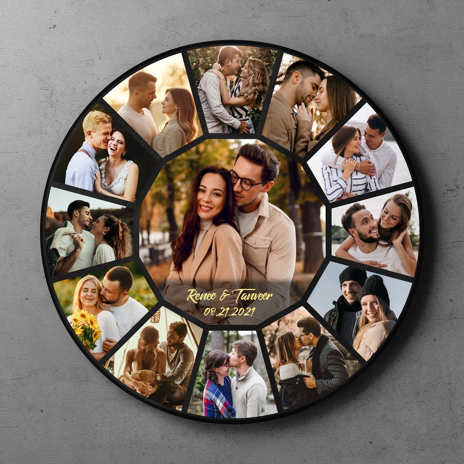 Custom Photo Collage, Personalized Name And Date, Round Wood Sign