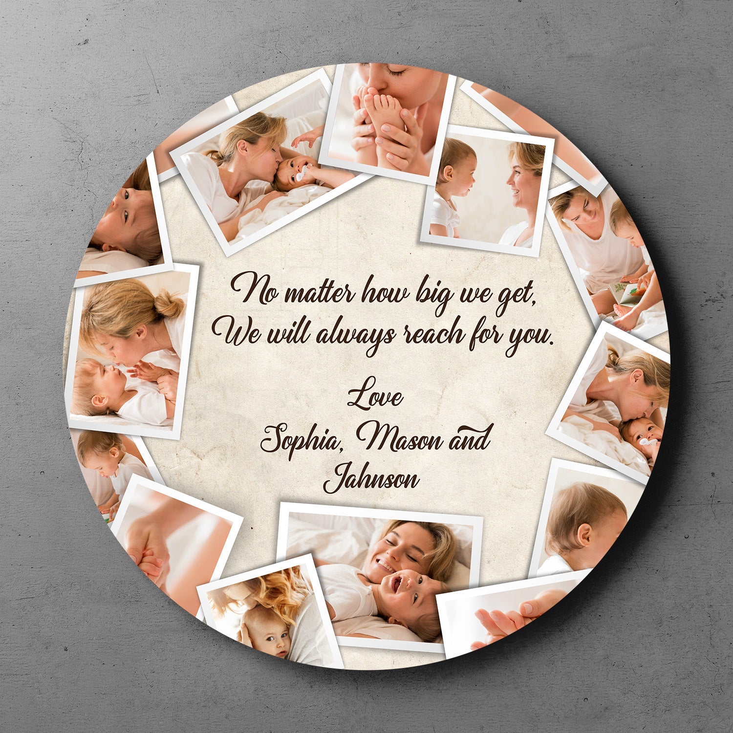 Custom Photo Collage, Personalized Name And Text, Round Wood Sign
