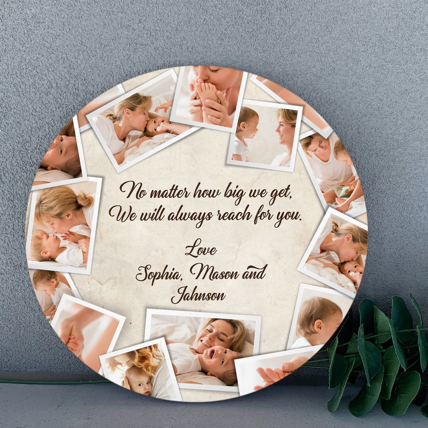 Custom Photo Collage, Personalized Name And Text, Round Wood Sign