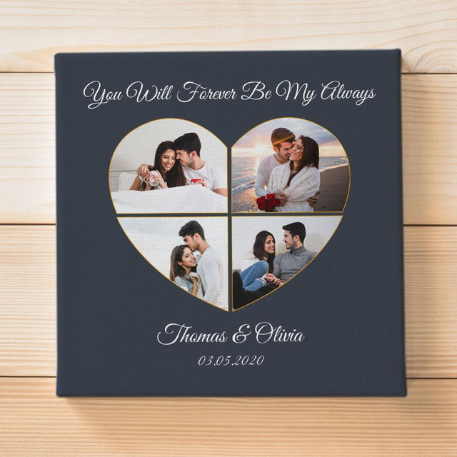 Custom Photo Collage, Personalized Text, 4 Pictures Heart Art Canvas