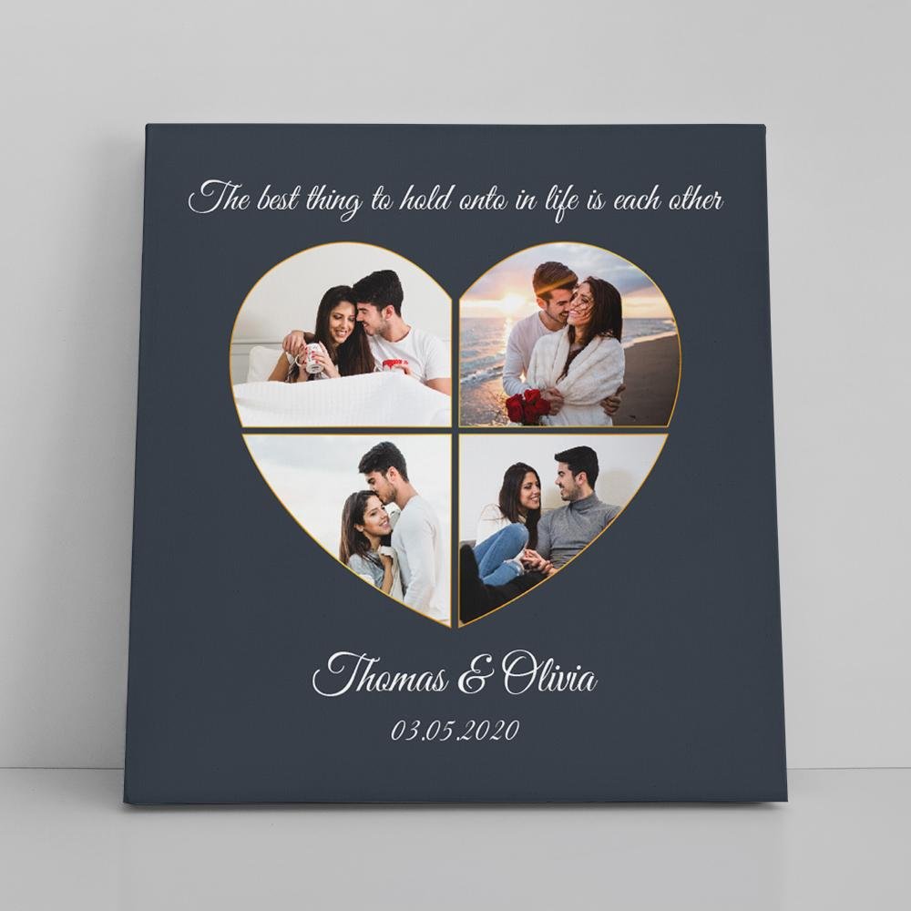 Custom Photo Collage, Personalized Text, 4 Pictures Heart Art Canvas