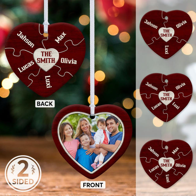 Custom Photo Family Name Decorative Christmas Heart Ornament 2 Sided